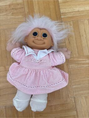 Vintage Trolls Pink Plush Troll Doll with White and Pink Hair
